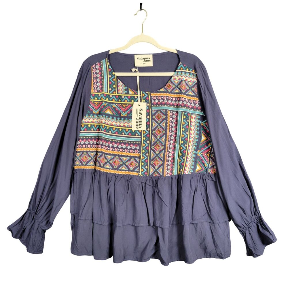 NWT SAVANNA JANE Blue Geometric Embroidered Ruffle Tiered Boho Top SIZE 2X